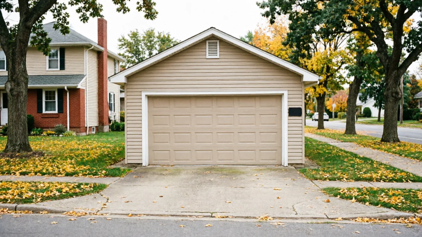 A detached beige garage with a closed tan garage door sits in a suburban neighborhood.