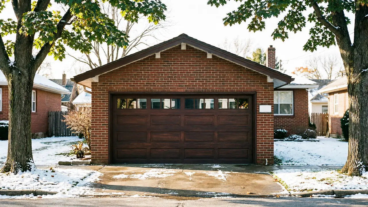 A brown garage door on a brick house with snow on the ground.