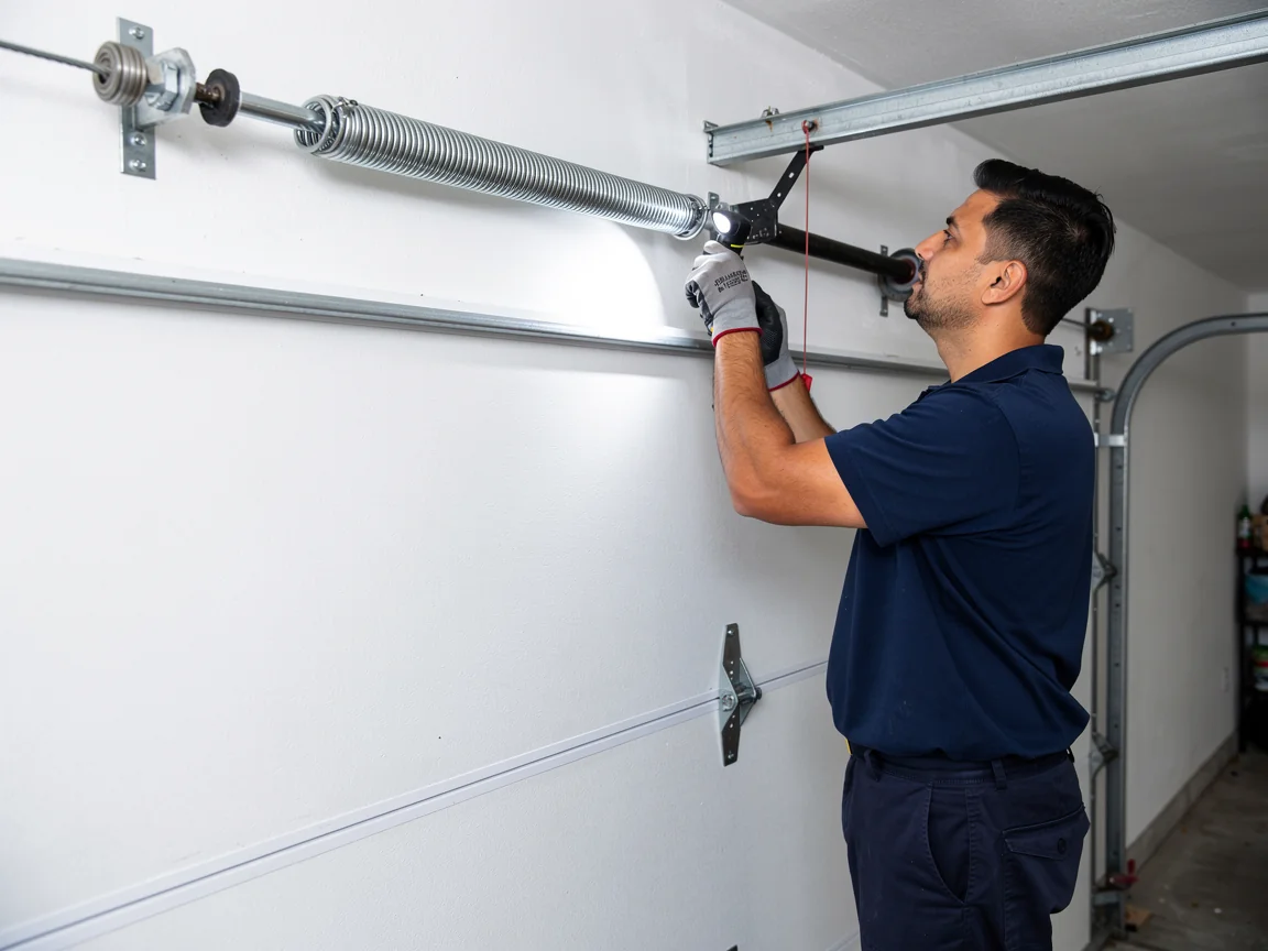 A technician adjusts a garage door torsion spring with a tool and flashlight.