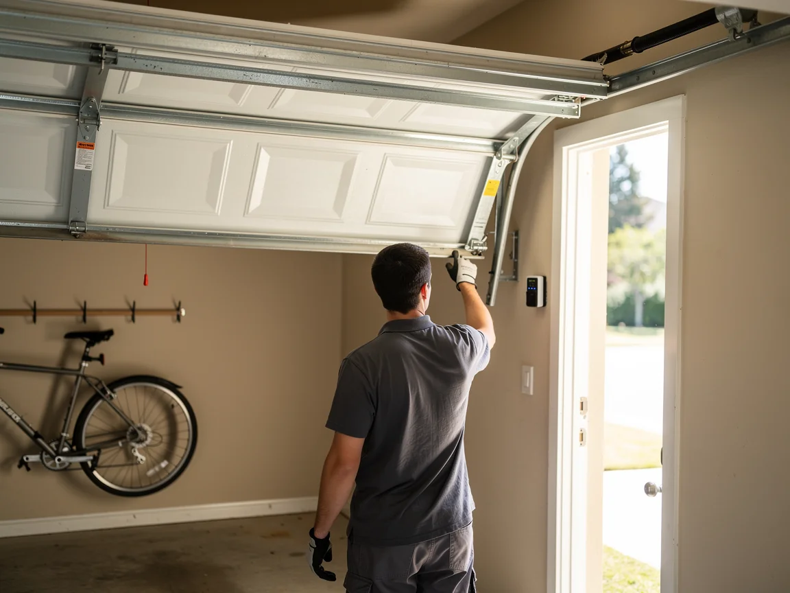A technician adjusts a white garage door inside a garage.