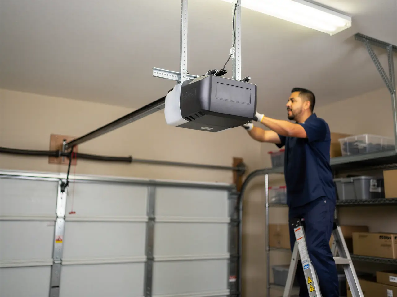 A technician on a ladder installs a garage door opener.