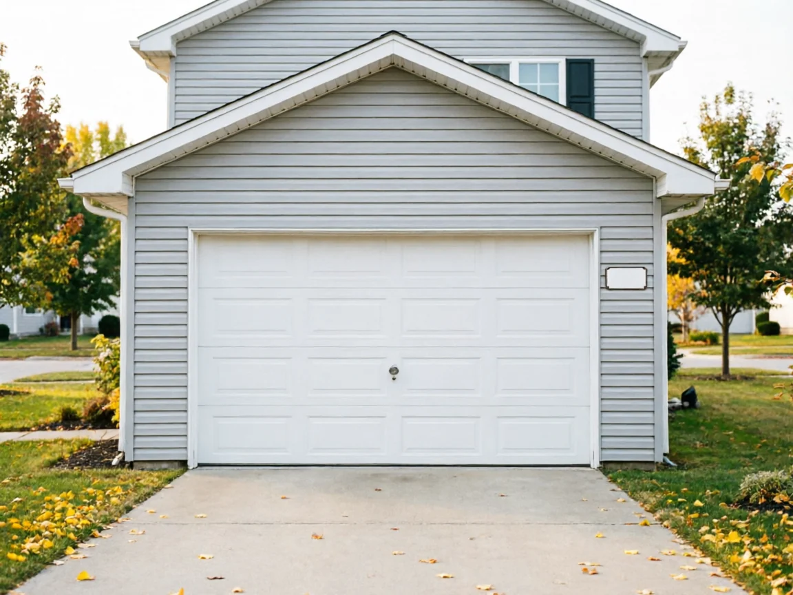 The house has light gray siding and a white paneled garage door.