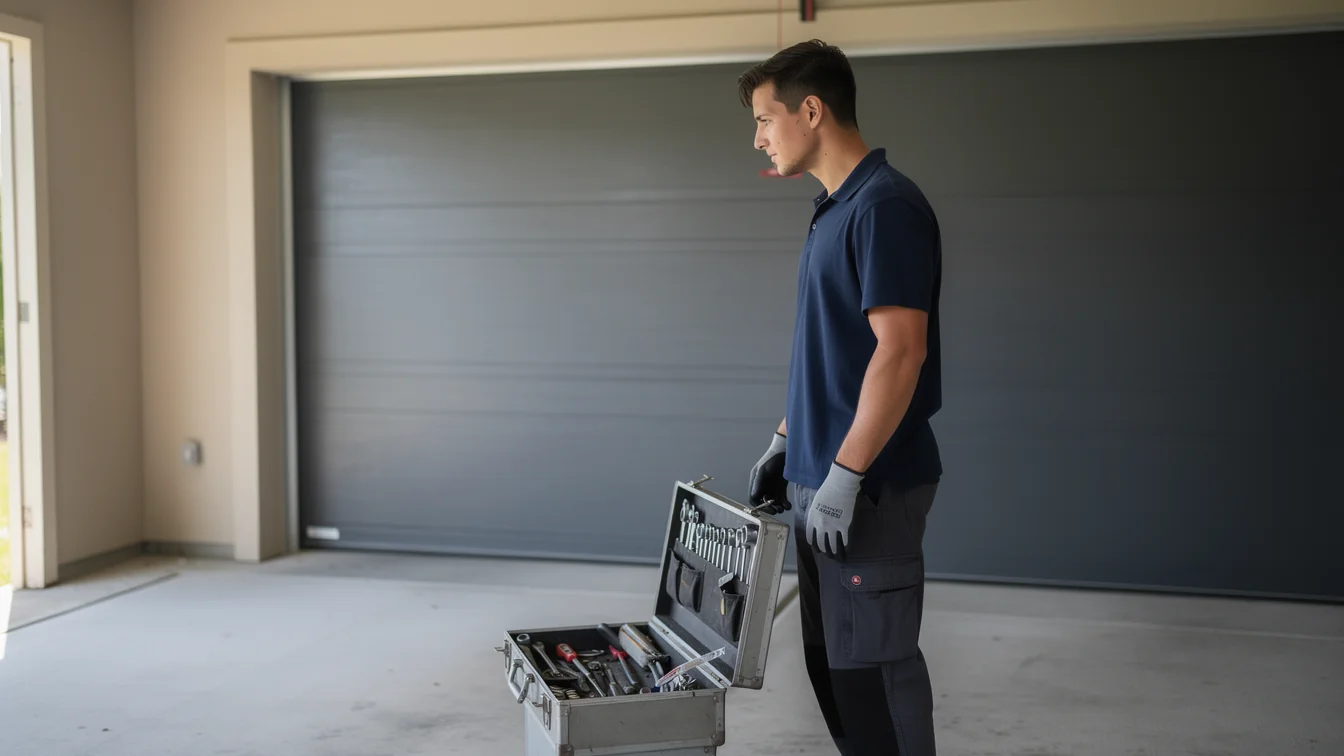 A technician stands in a garage with an open toolbox and a gray garage door.