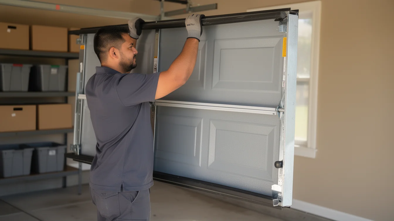 A technician in gloves is installing a gray garage door panel.