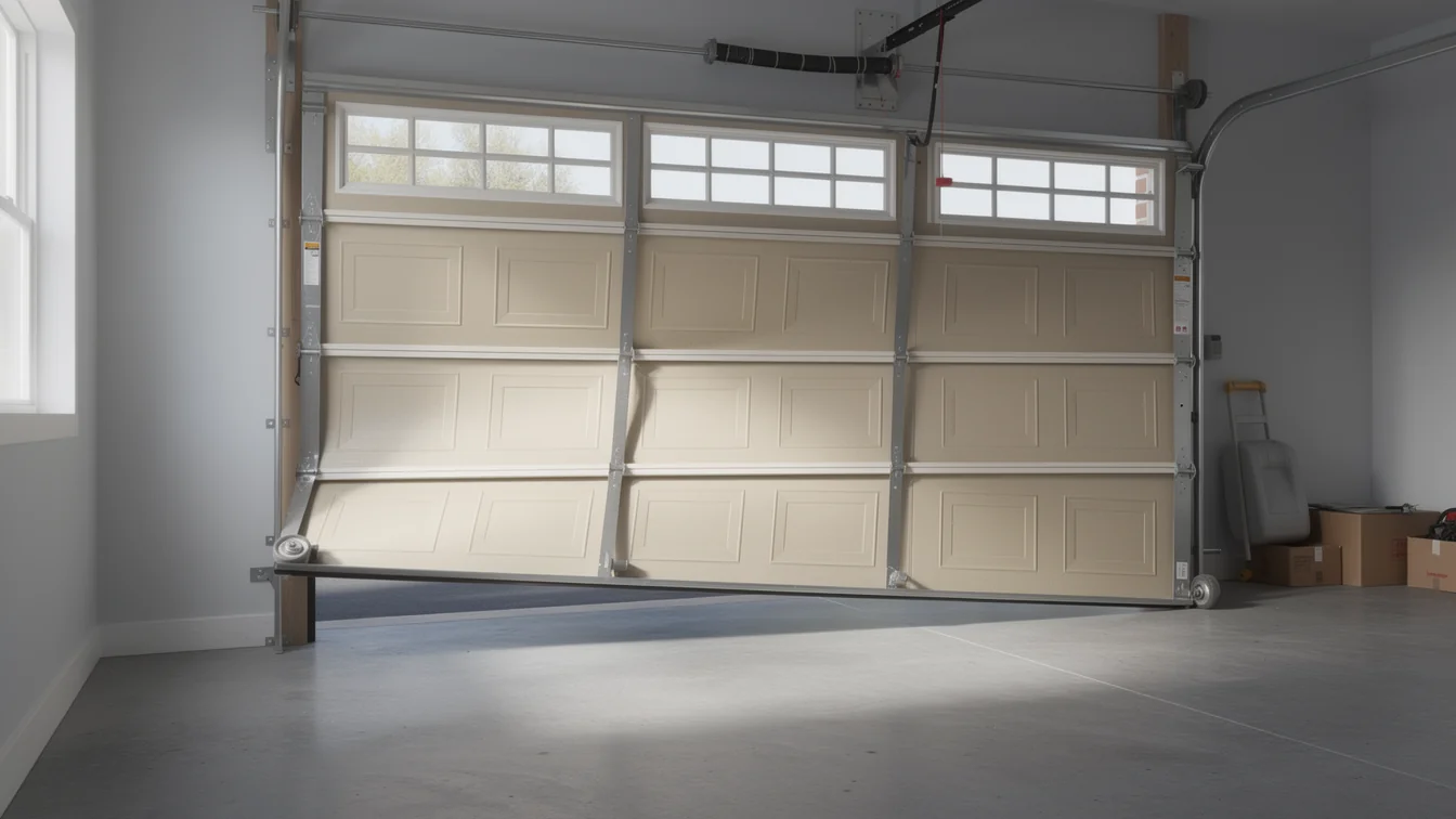 A beige garage door is off its tracks and partially open.